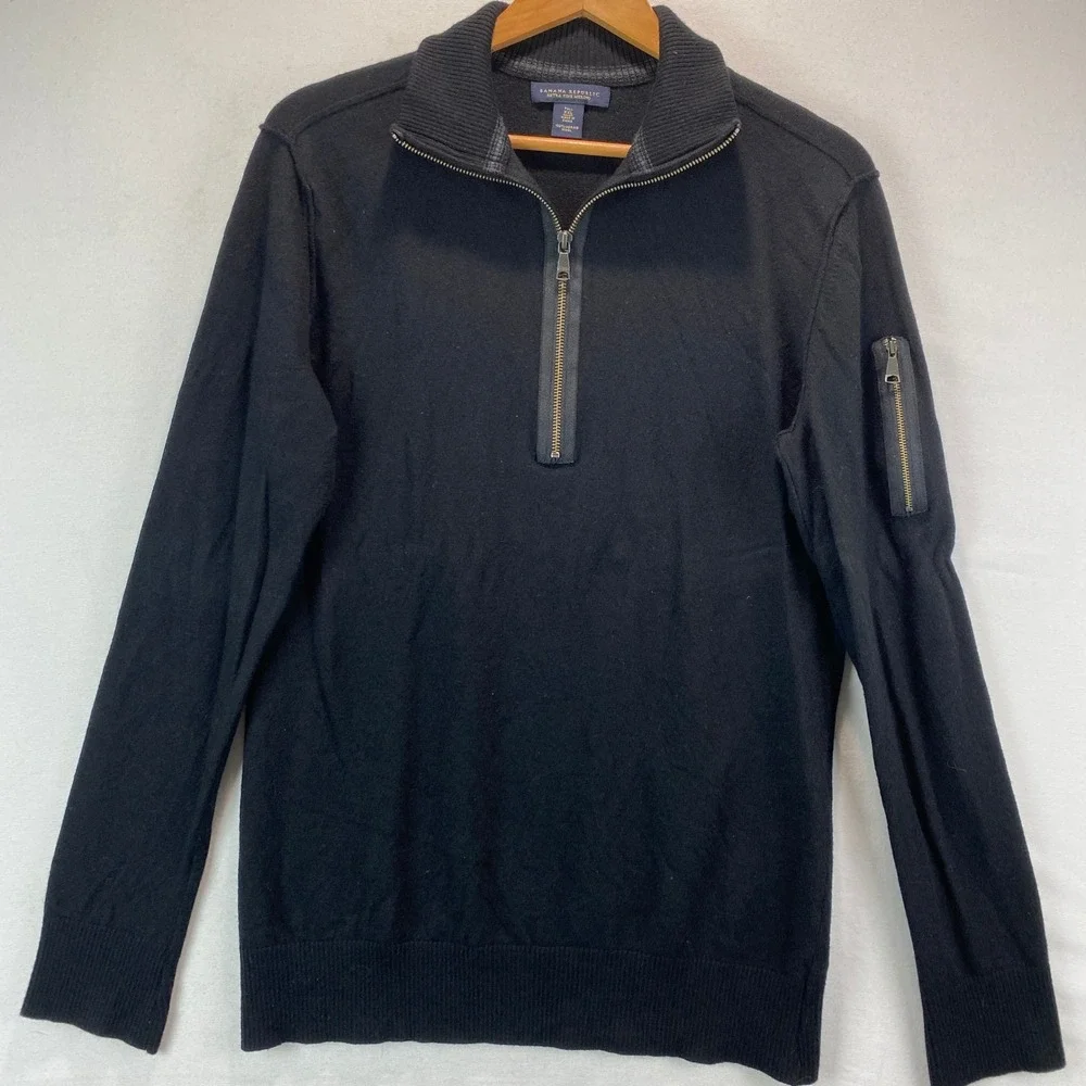 Banana Republic Extra Fine Merino Wool Quarter Zip Men L Black Utility Pocket